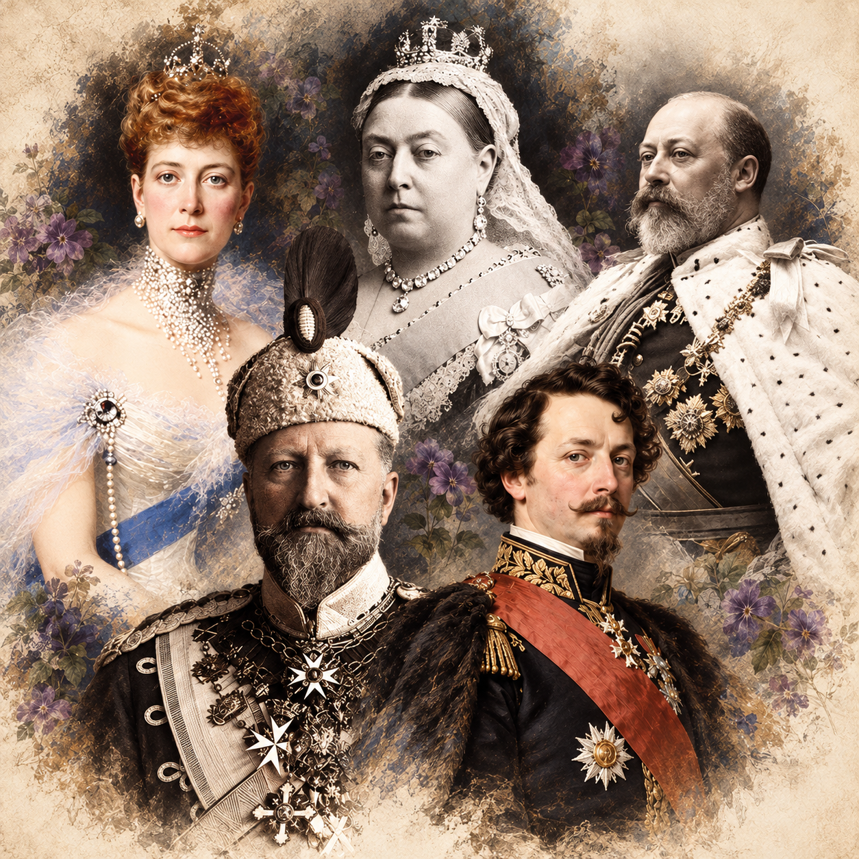Artistic group portrait — Queen Alexandra, Queen Victoria, King Edward VII, Ferdinand I of Bulgaria and Prince Napoléon